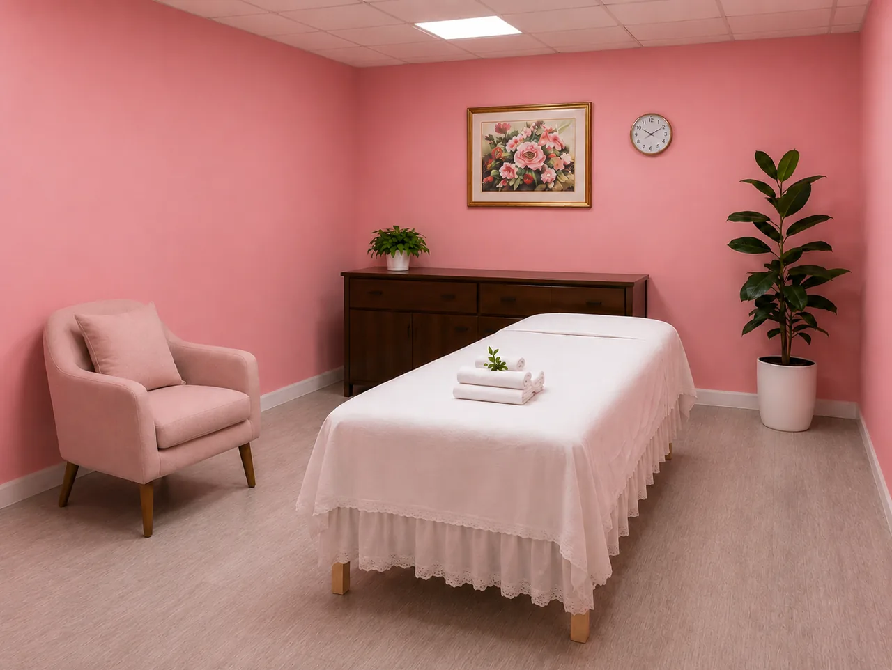 Clean private massage room with soft pink walls and a fresh white table at G Spa Massage Cypress