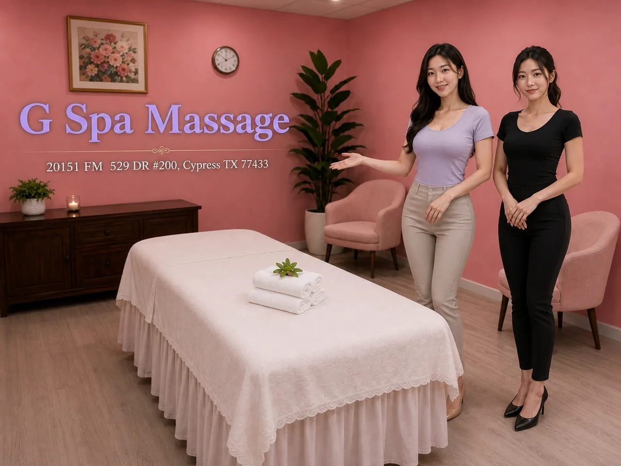 Friendly therapists welcoming guests in a quiet pink massage room at G Spa Massage Cypress