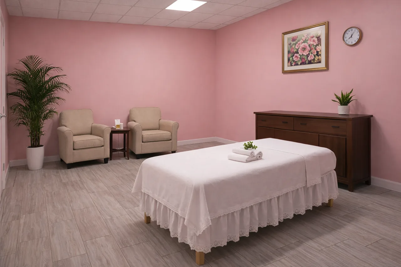 Seating area with cream chairs at G Spa Massage in Cypress
