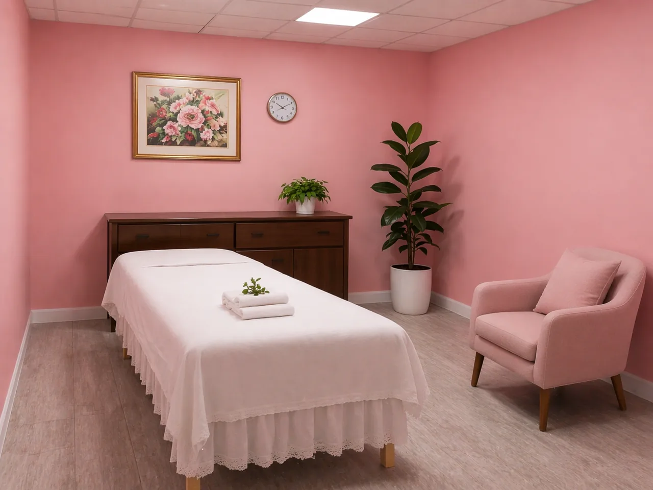 Detail of a pink massage room with a made-up table at G Spa Massage Cypress TX