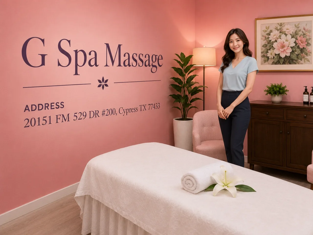Friendly massage therapist standing beside the made-up table in a pink room at G Spa Massage Cypress