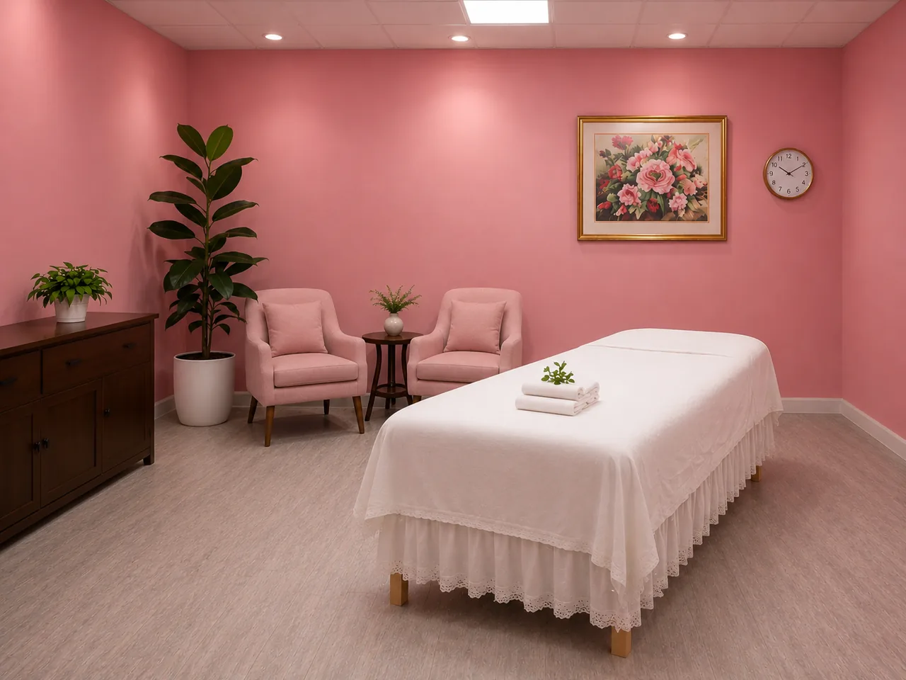 Friendly therapist beside a freshly made table in a private pink massage room at G Spa Massage Cypress
