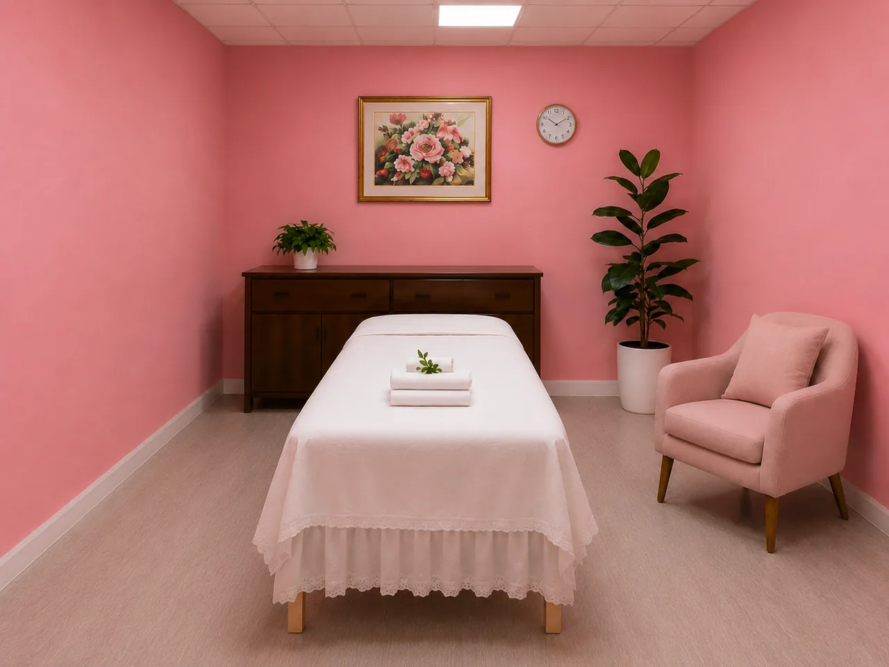 Quiet pink massage room with a floral painting and two cream chairs at G Spa Massage Cypress
