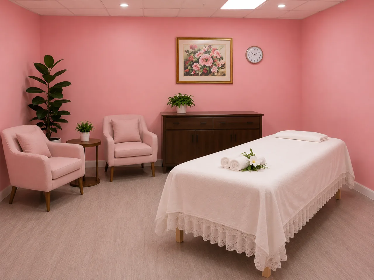 Calm private massage room with two cream chairs and soft lighting at G Spa Massage Cypress