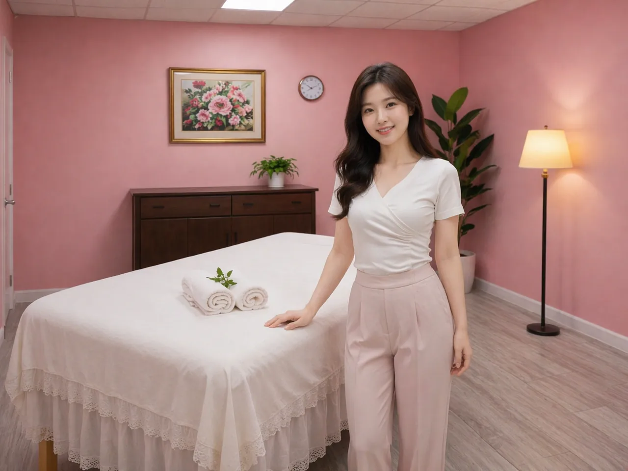 Friendly massage therapist in a white top beside the massage table at G Spa Massage Cypress