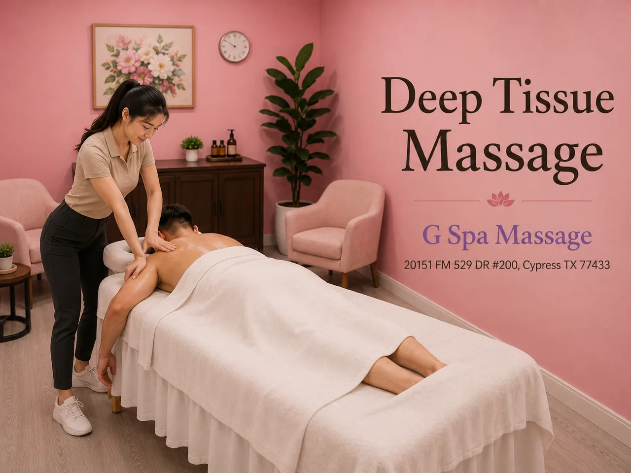 Therapist giving a deep tissue massage in the pink room at G Spa Massage Cypress