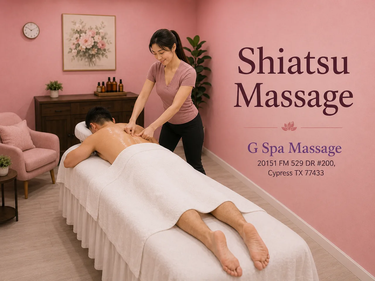 Therapist applying steady shiatsu pressure along the back at G Spa Massage Cypress