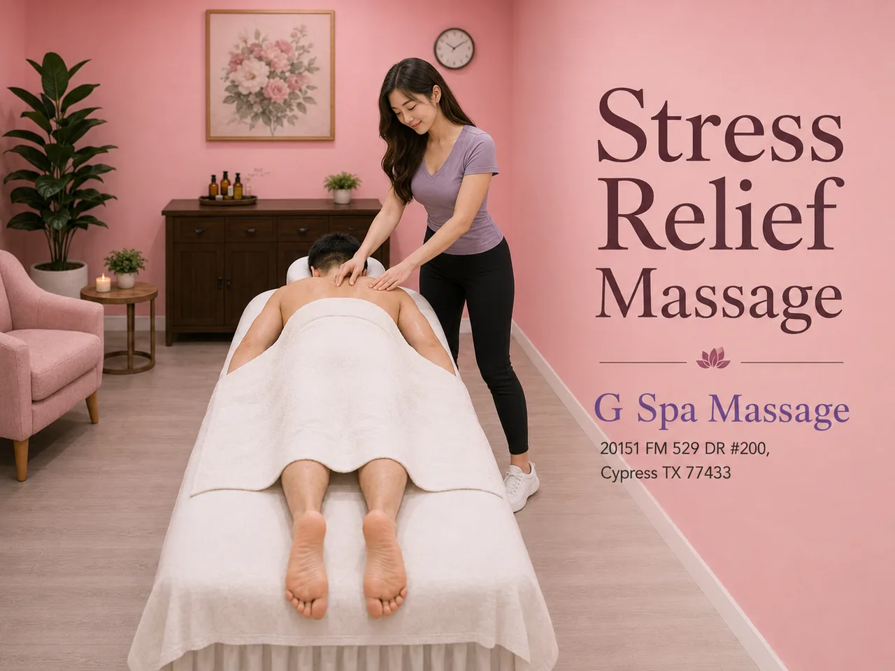 Therapist easing neck and shoulder tension during a stress relief massage at G Spa Massage Cypress