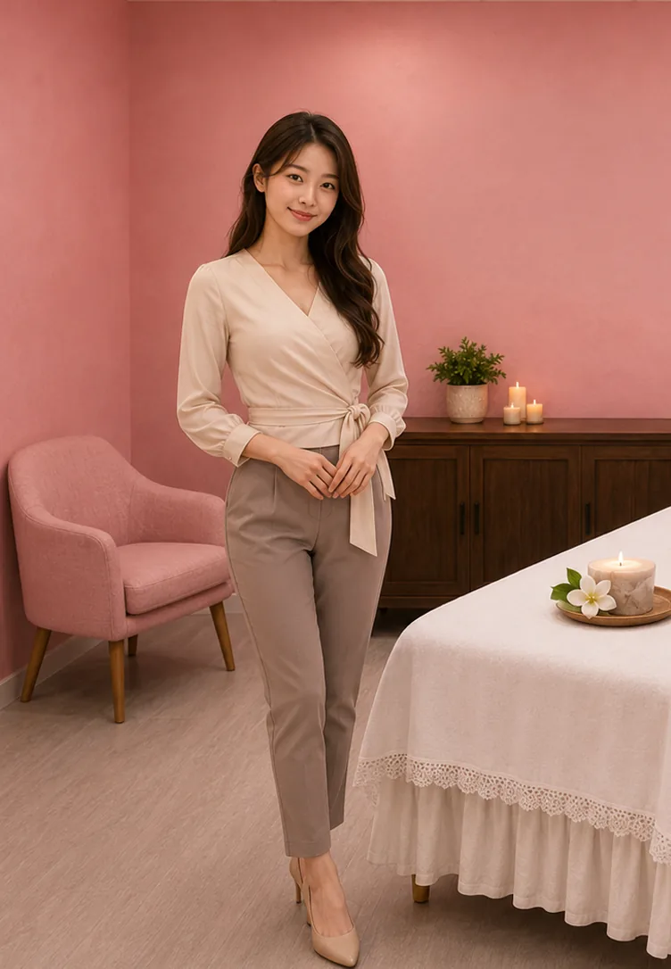 Therapist standing beside the made-up massage table in a pink room at G Spa Massage Cypress