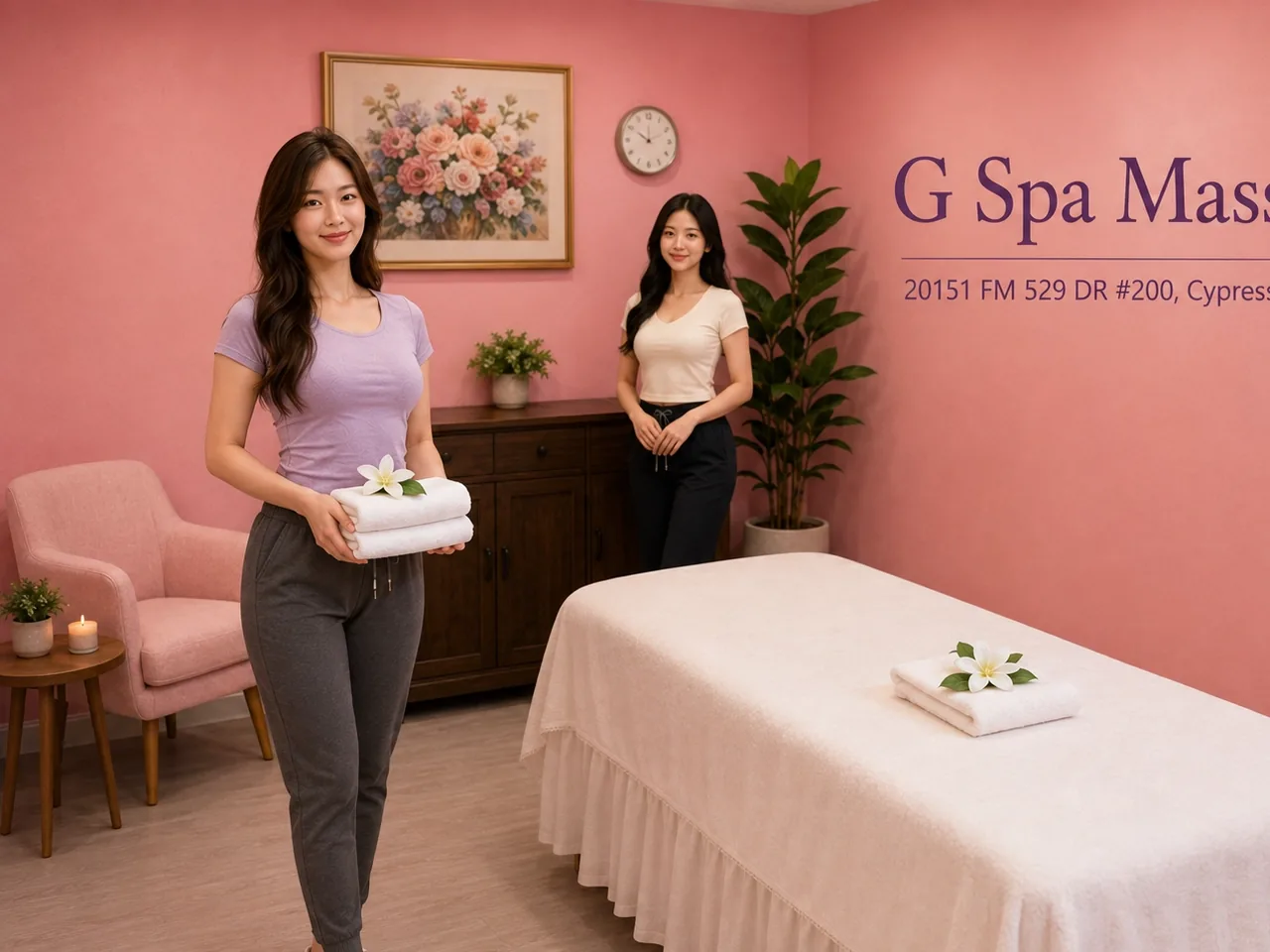 Two friendly massage therapists welcoming guests in the pink room at G Spa Massage Cypress