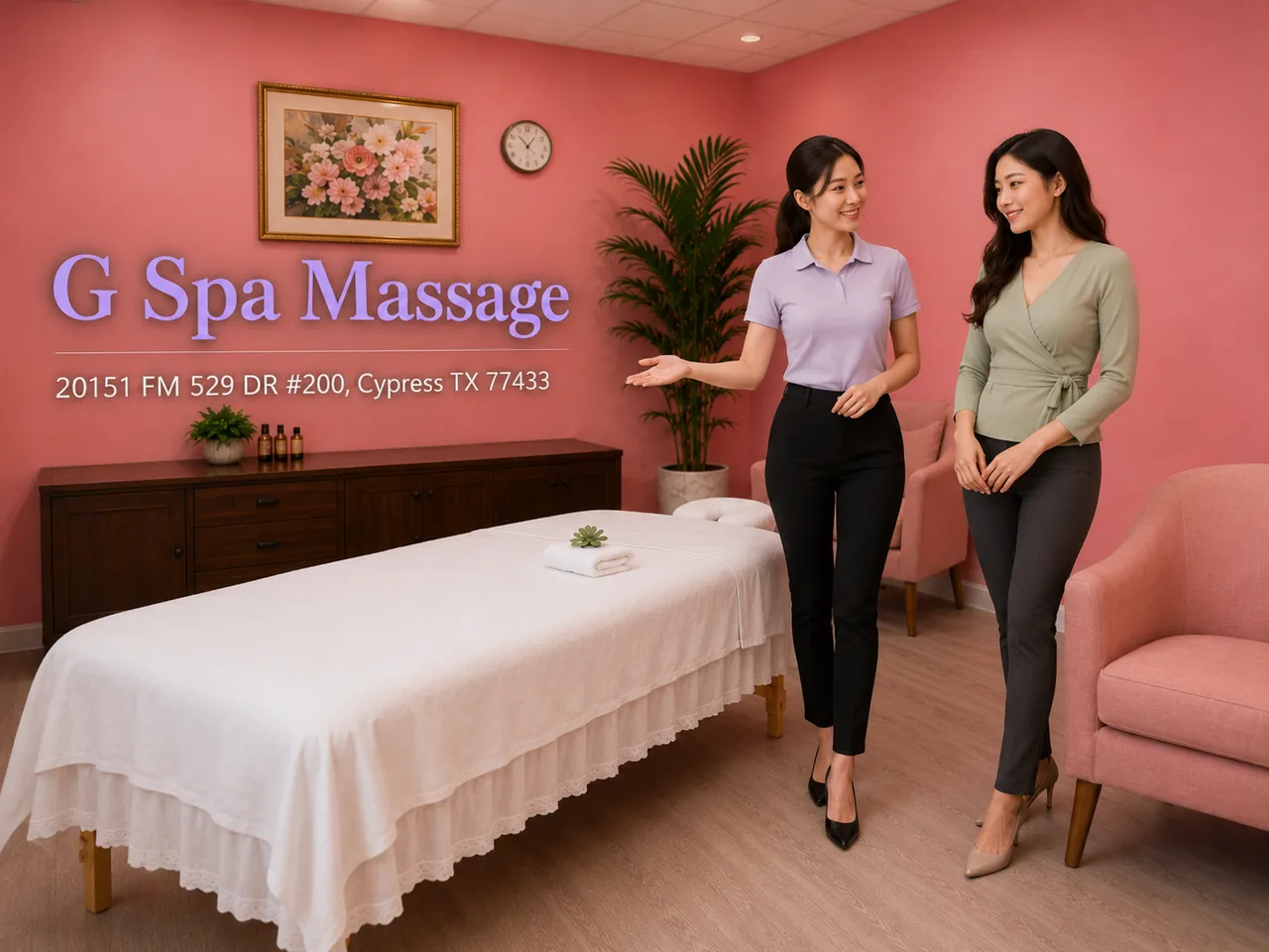 Two therapists beside the massage tables in a pink room at G Spa Massage Cypress
