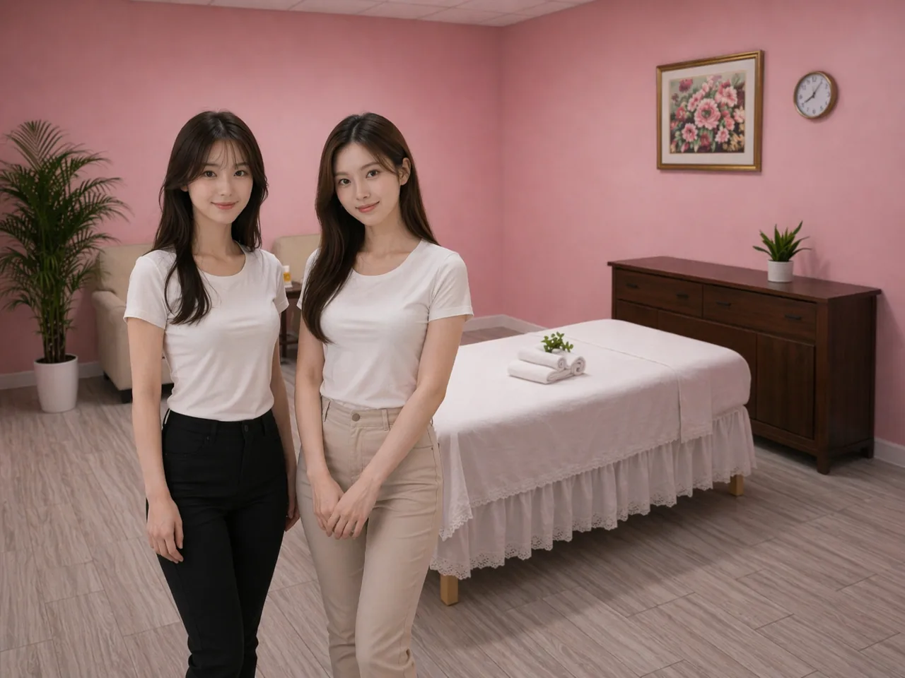 Two friendly therapists side by side in the pink massage room at G Spa Massage Cypress
